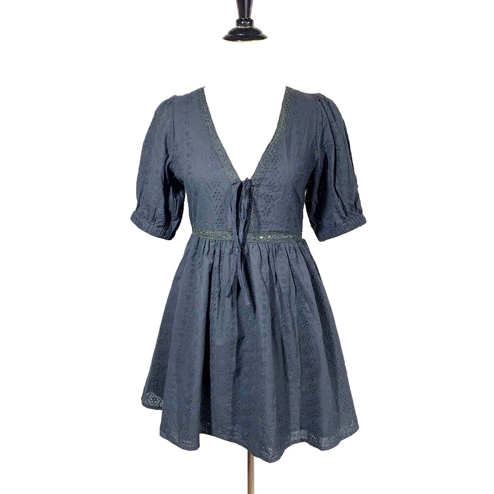Forever 21 Black Embroidered Babydoll Dress Medium Flirty Coquette Skater Mini